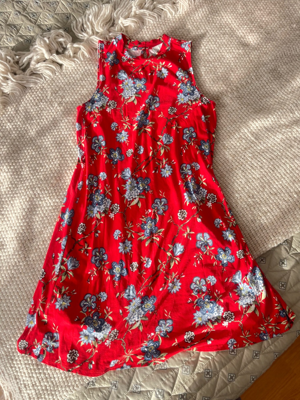LOFT Red Midi Dress with Blue Floral Pattern